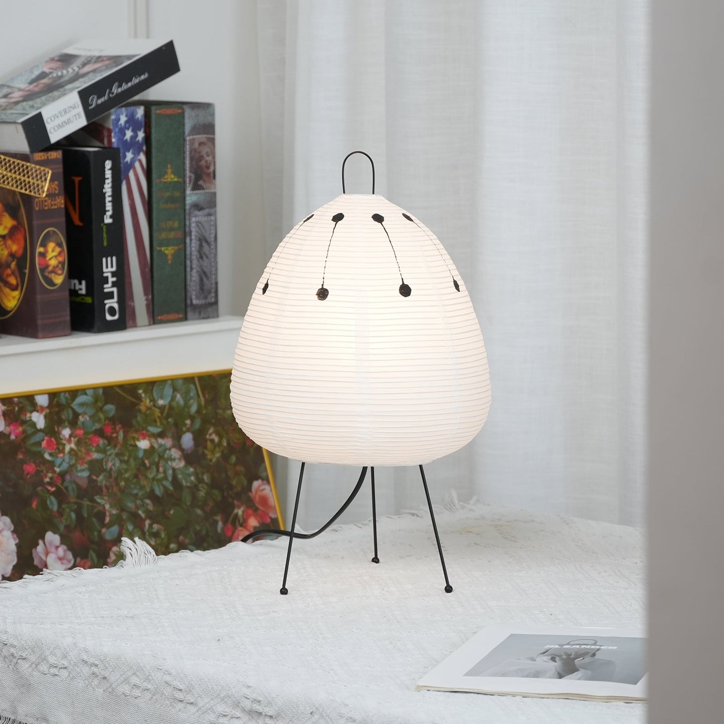 Japanese Paper Lantern Table Lamp Minimalist with Rice Paper Shade and Tripod Stand
