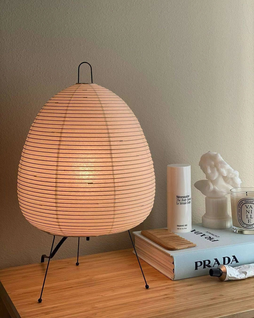 Japanese Paper Lantern Table Lamp Minimalist with Rice Paper Shade and Tripod Stand