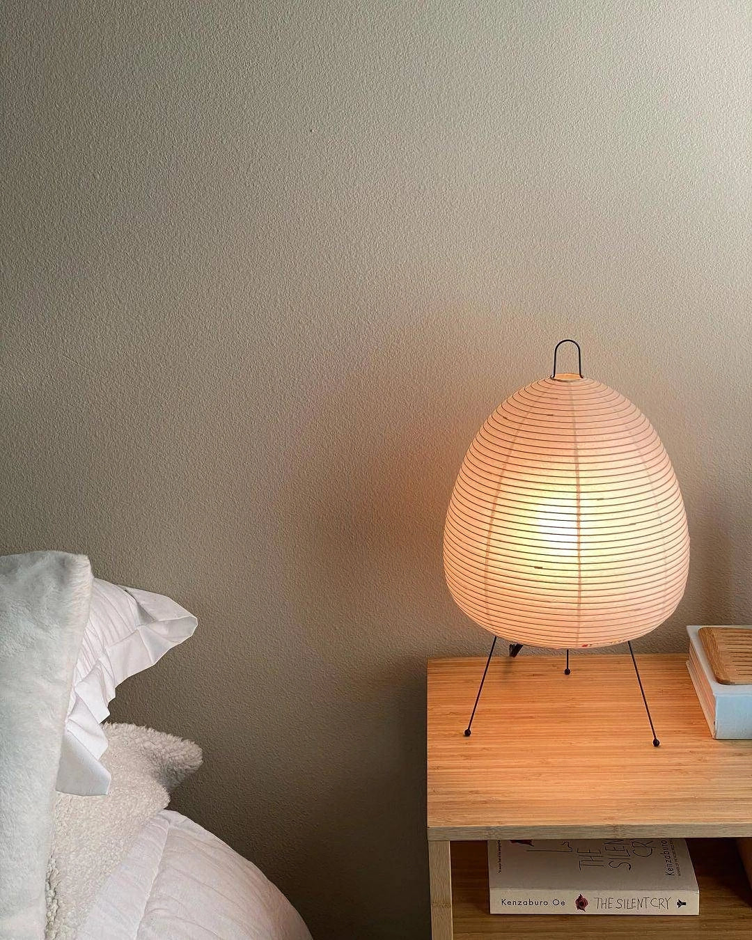 Japanese Paper Lantern Table Lamp Minimalist with Rice Paper Shade and Tripod Stand