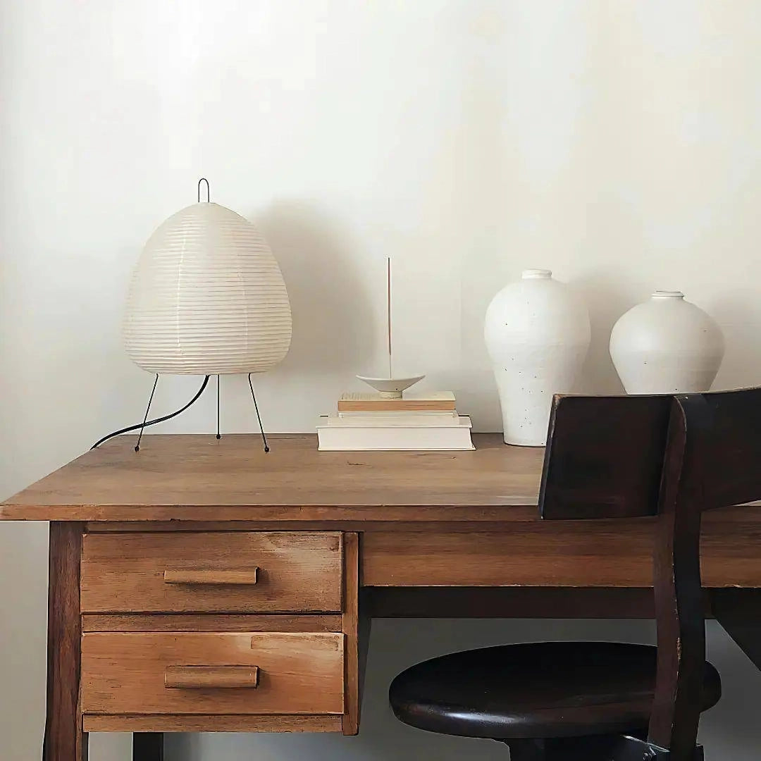 Japanese Paper Lantern Table Lamp Minimalist with Rice Paper Shade and Tripod Stand