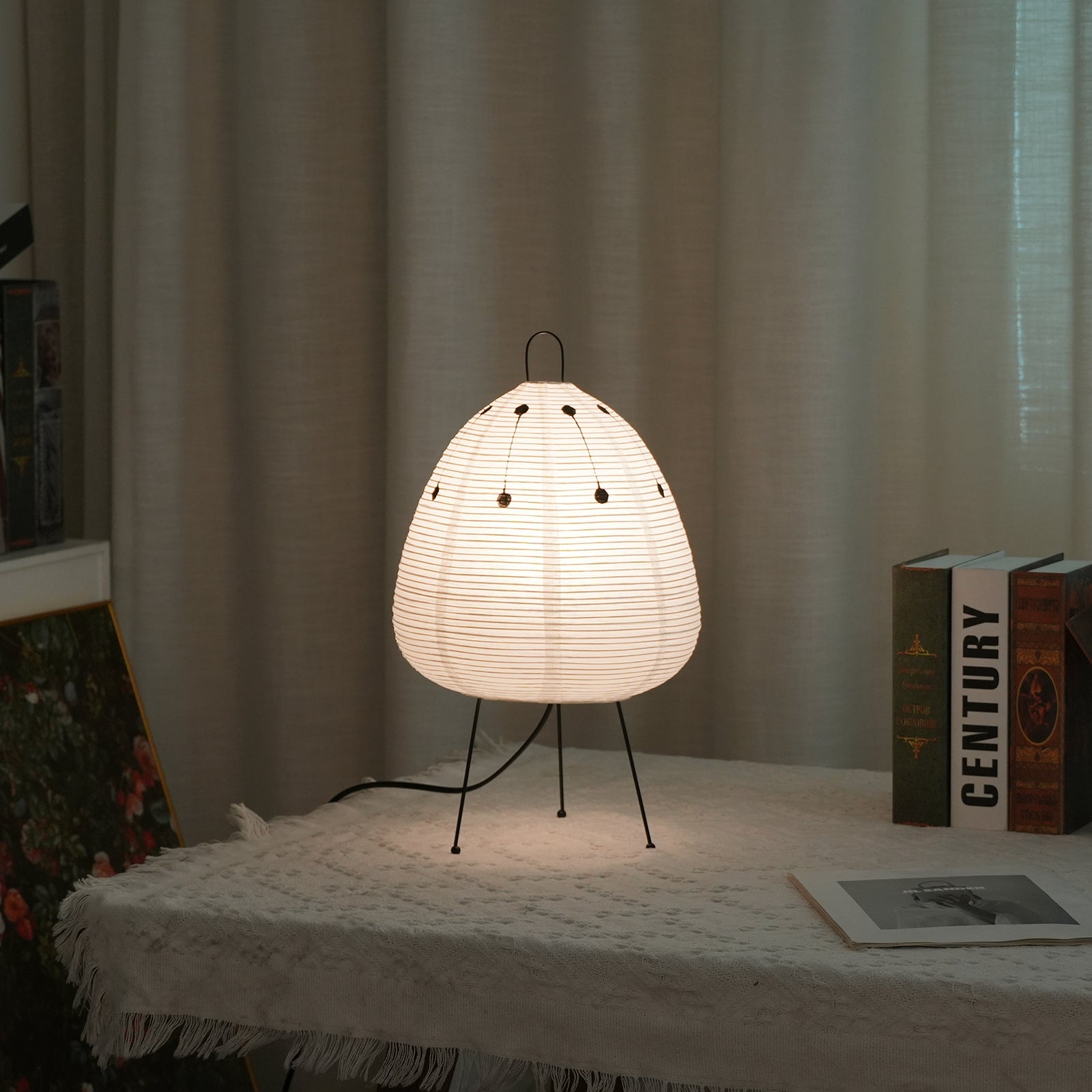 Japanese Paper Lantern Table Lamp Minimalist with Rice Paper Shade and Tripod Stand