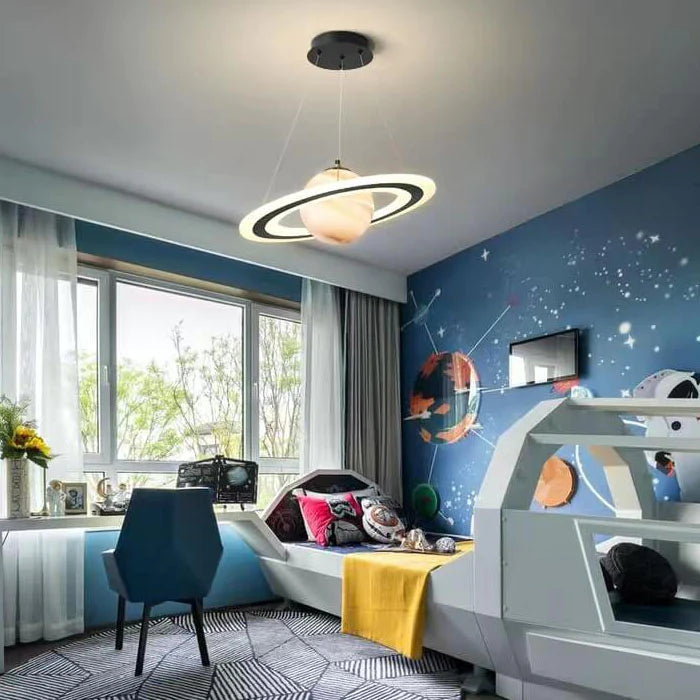 Kids Pendant Lamp Modern Planet Shape with Astronaut Figure and Adjustable Height