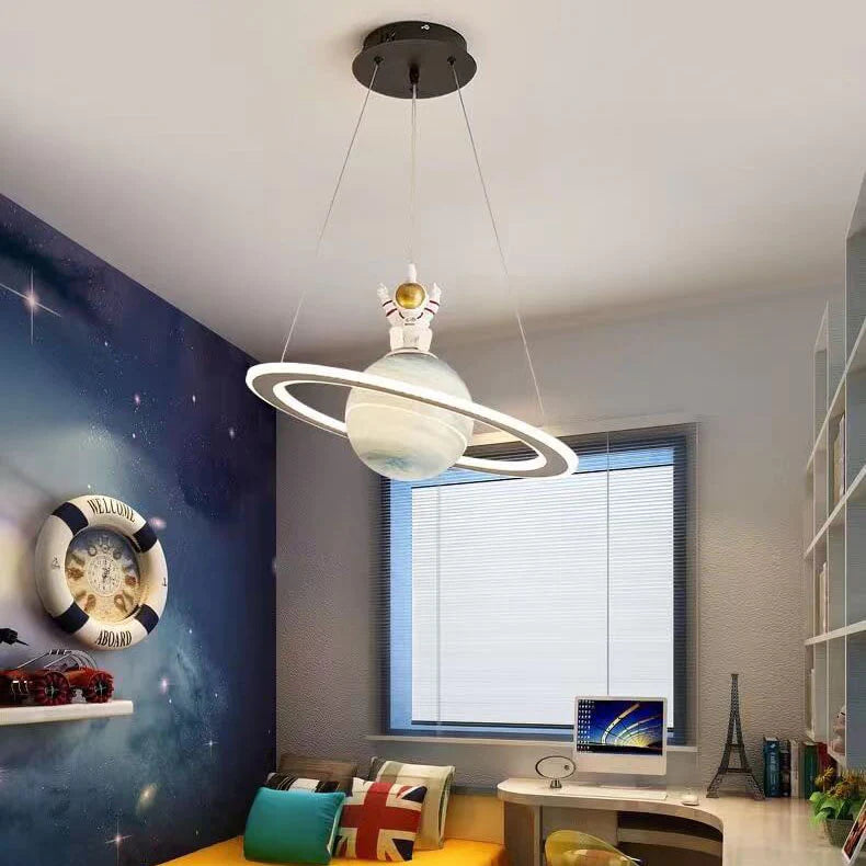 Kids Pendant Lamp Modern Planet Shape with Astronaut Figure and Adjustable Height