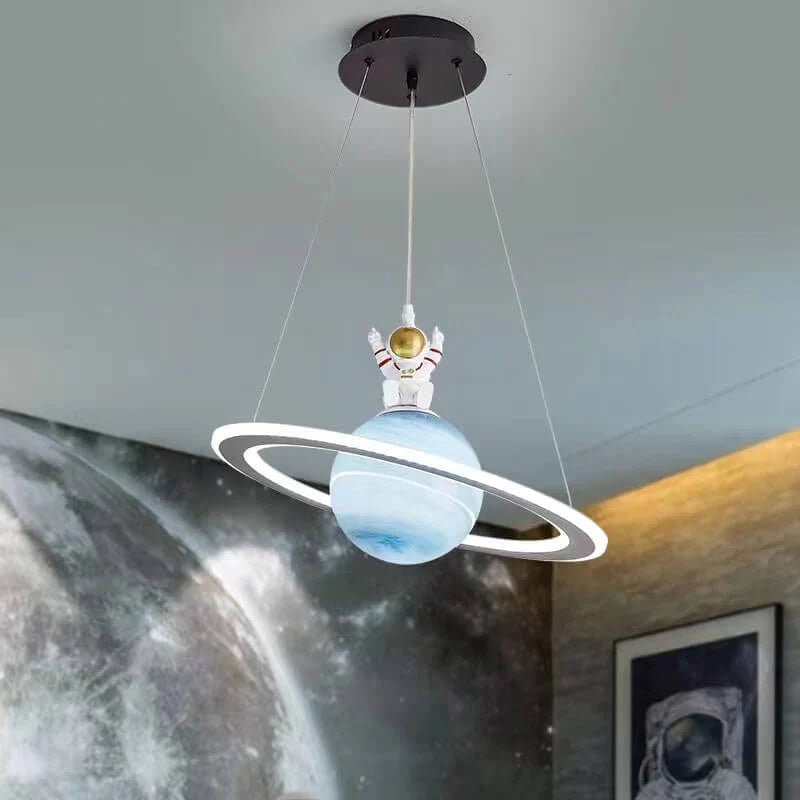 Kids Pendant Lamp Modern Planet Shape with Astronaut Figure and Adjustable Height