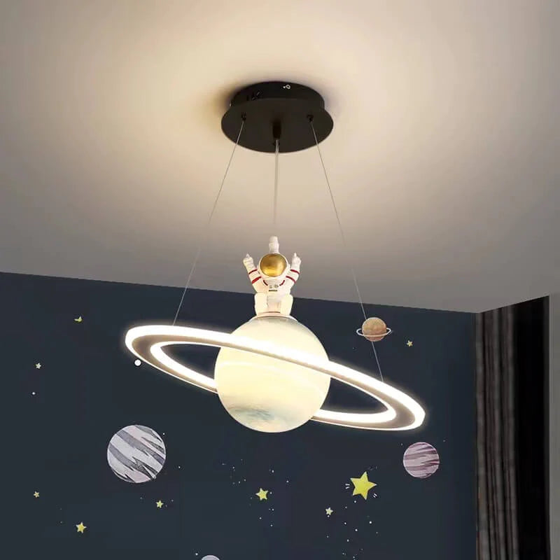 Kids Pendant Lamp Modern Planet Shape with Astronaut Figure and Adjustable Height