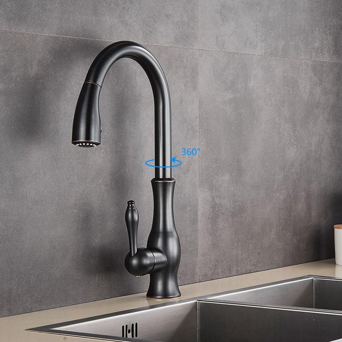 Kitchen Faucet with Pull-Down Sprayer Head and 360° Swivel Spout
