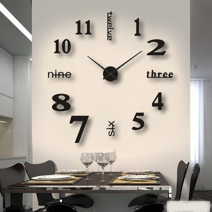Large DIY Wall Clock with 3D Self-Adhesive Numbers, Frameless Oversized Design