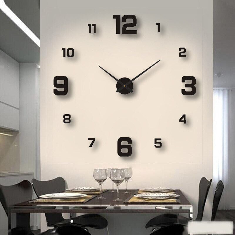 Large DIY Wall Clock with 3D Self-Adhesive Numbers, Frameless Oversized Design