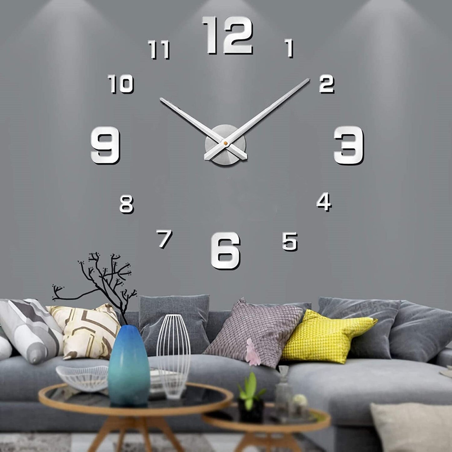 Large DIY Wall Clock with 3D Self-Adhesive Numbers, Frameless Oversized Design