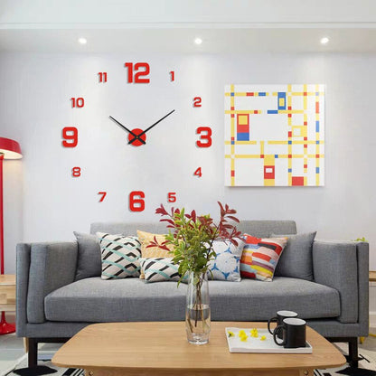 Large DIY Wall Clock with 3D Self-Adhesive Numbers, Frameless Oversized Design