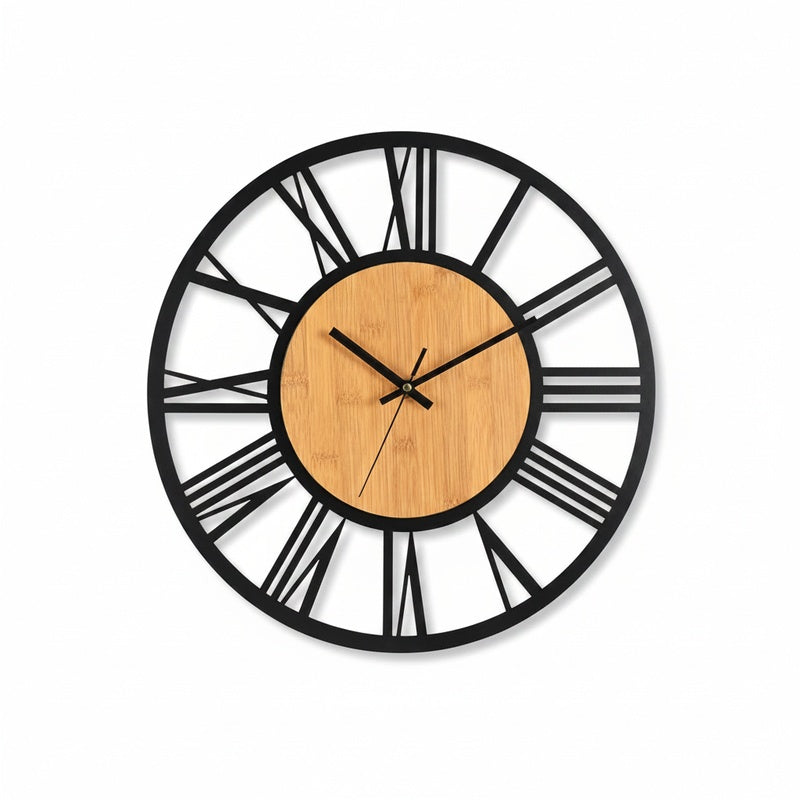 Large Round Wall Clock with Roman Numerals and Wood Centre Industrial Style