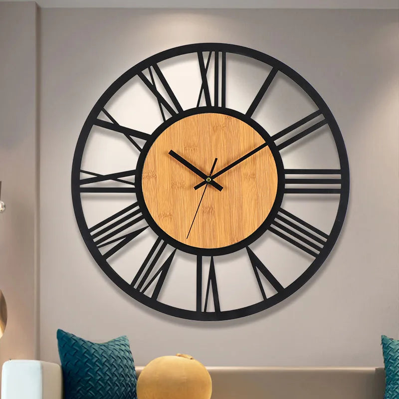 Large Round Wall Clock with Roman Numerals and Wood Centre Industrial Style