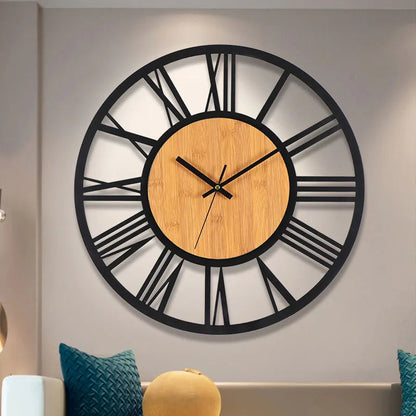 Large Round Wall Clock with Roman Numerals and Wood Centre Industrial Style
