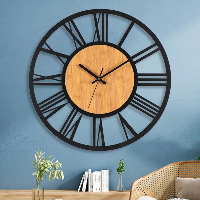 Large Round Wall Clock with Roman Numerals and Wood Centre Industrial Style