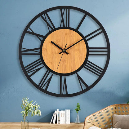Large Round Wall Clock with Roman Numerals and Wood Centre Industrial Style