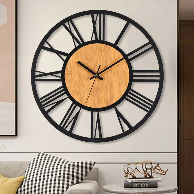 Large Round Wall Clock with Roman Numerals and Wood Centre Industrial Style