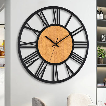 Large Round Wall Clock with Roman Numerals and Wood Centre Industrial Style