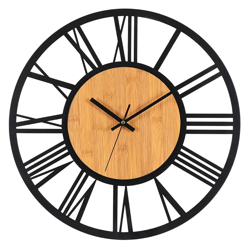 Large Round Wall Clock with Roman Numerals and Wood Centre Industrial Style