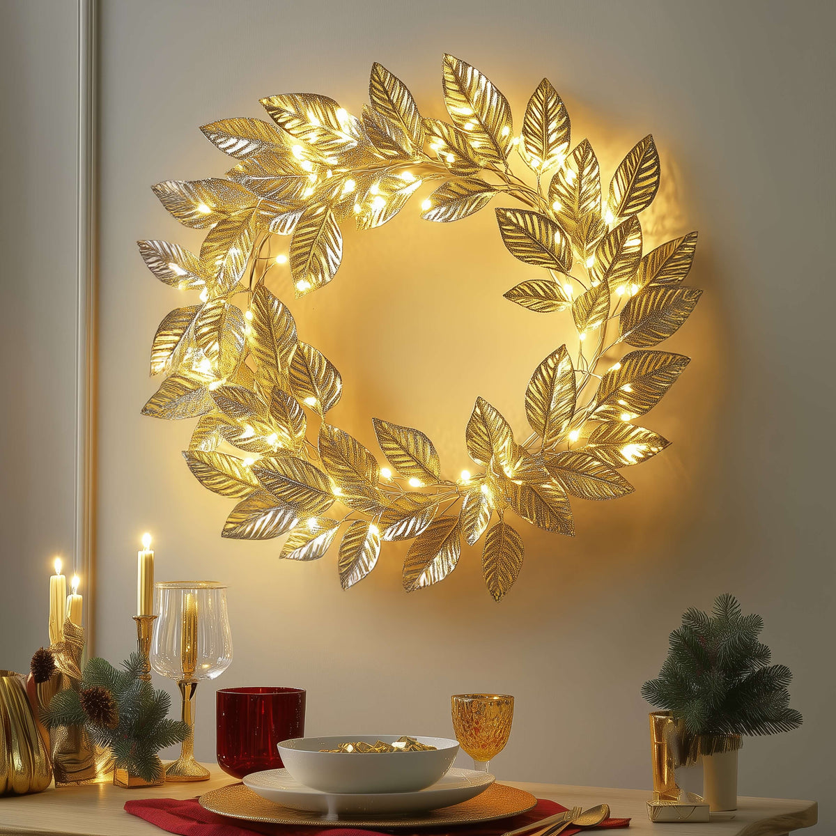 LED Leaf Wreath Wall Decoration with Warm Fairy Lights