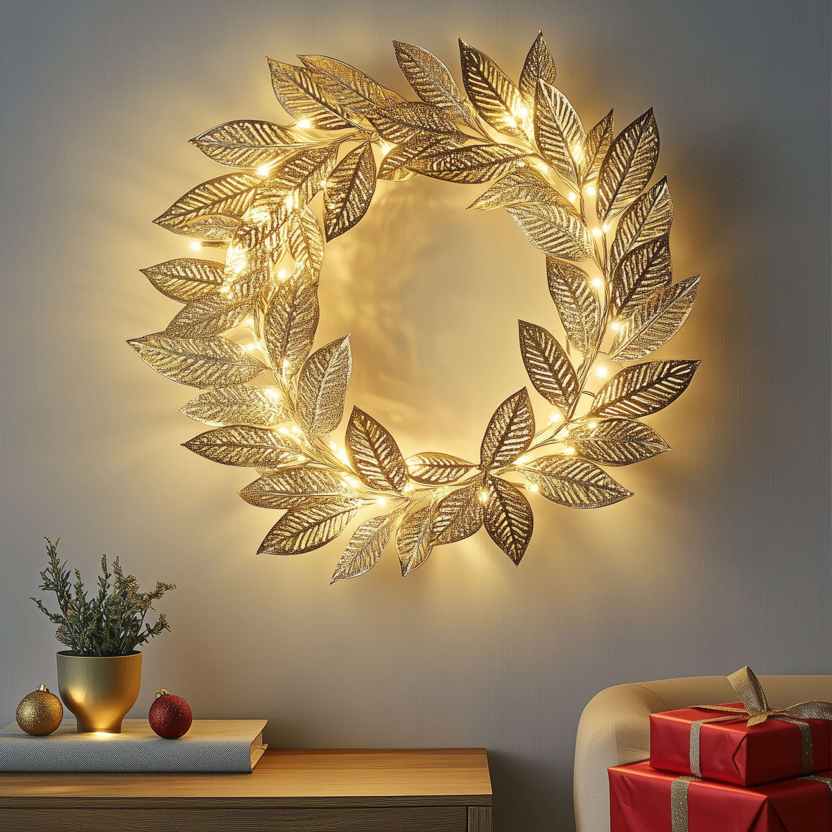 LED Leaf Wreath Wall Decoration with Warm Fairy Lights
