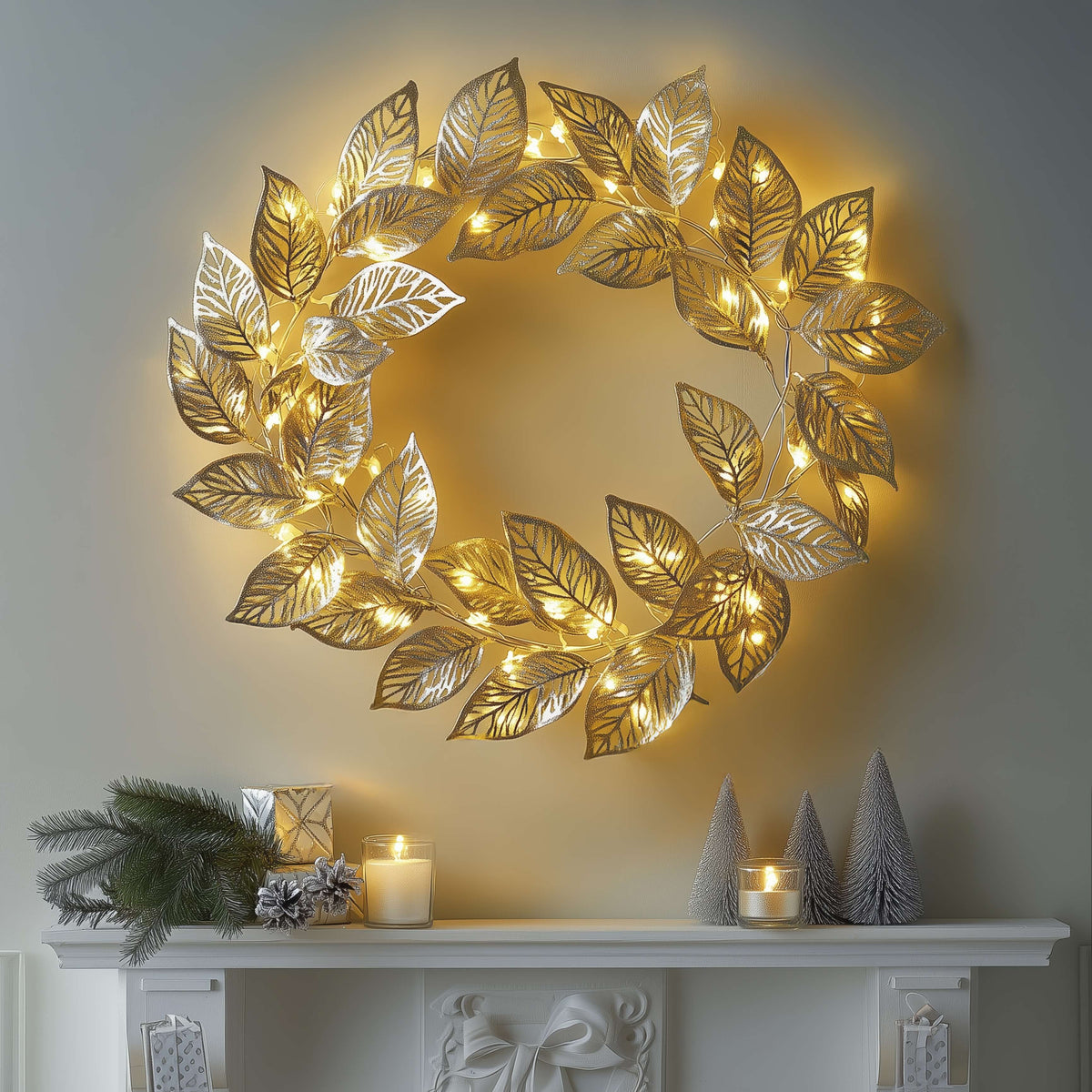 LED Leaf Wreath Wall Decoration with Warm Fairy Lights