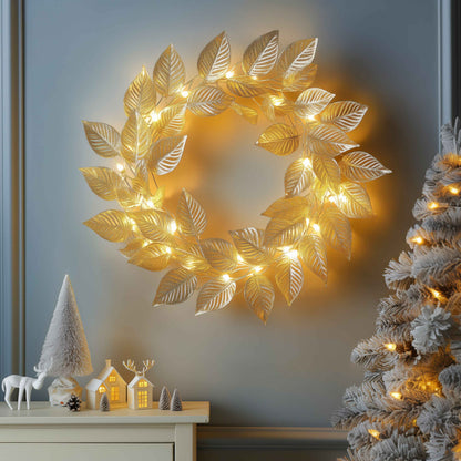LED Leaf Wreath Wall Decoration with Warm Fairy Lights
