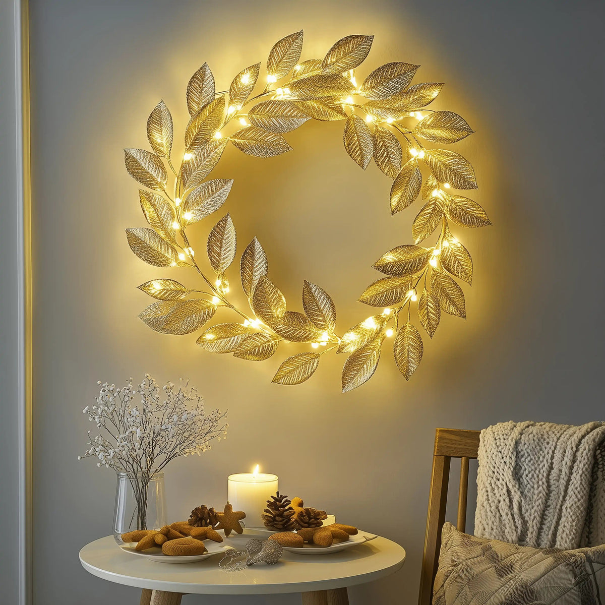LED Leaf Wreath Wall Decoration with Warm Fairy Lights