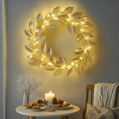LED Leaf Wreath Wall Decoration with Warm Fairy Lights