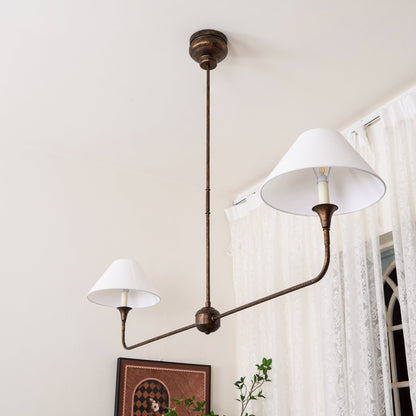 Linear Chandelier with 2 Fabric Shades and Antique Brass Arm