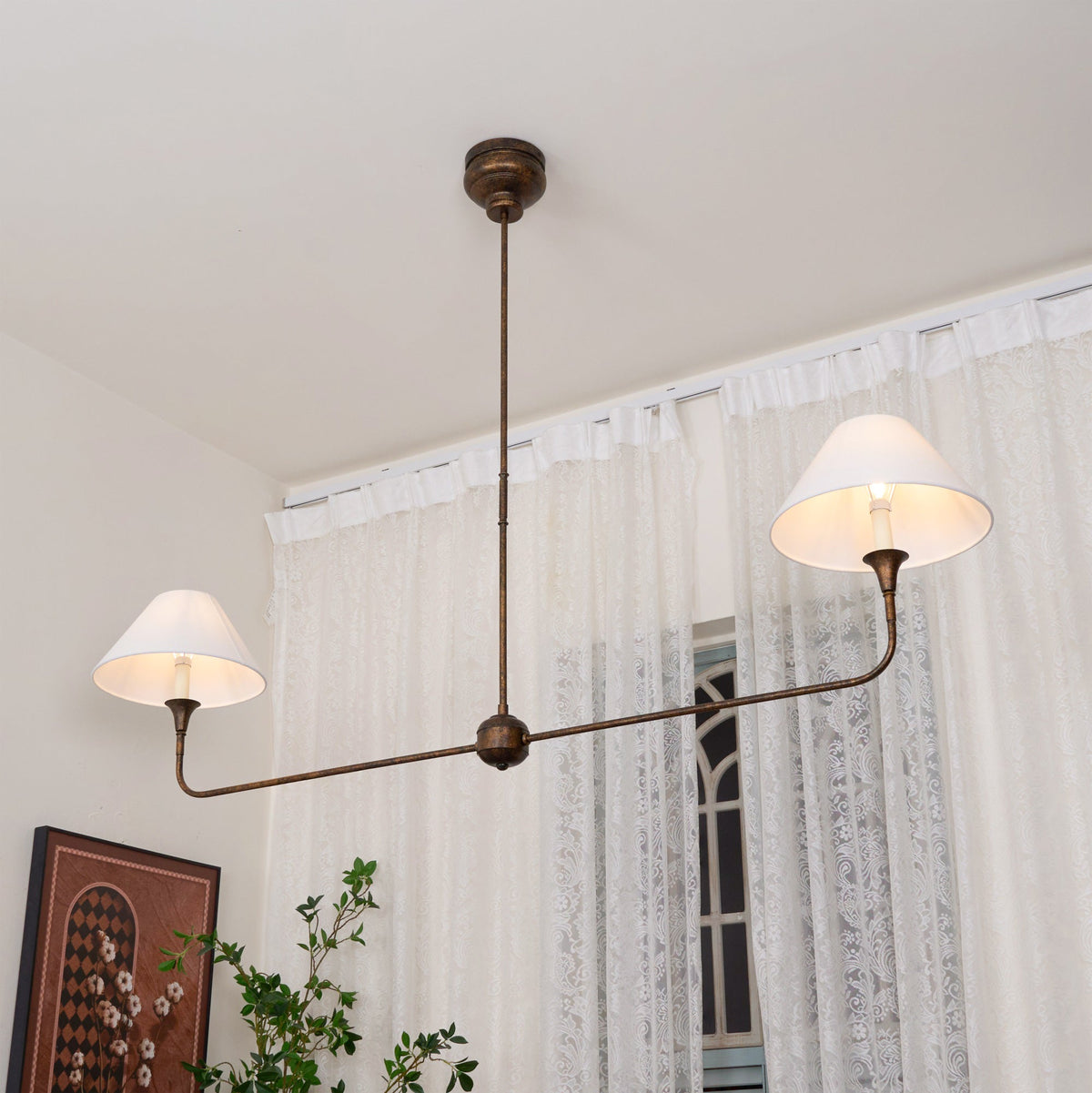 Linear Chandelier with 2 Fabric Shades and Antique Brass Arm
