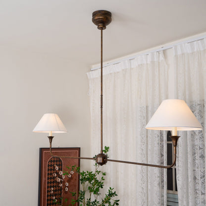 Linear Chandelier with 2 Fabric Shades and Antique Brass Arm