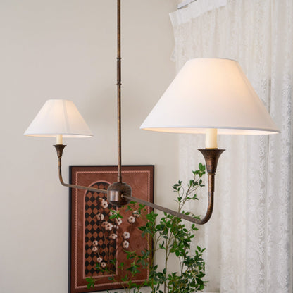 Linear Chandelier with 2 Fabric Shades and Antique Brass Arm