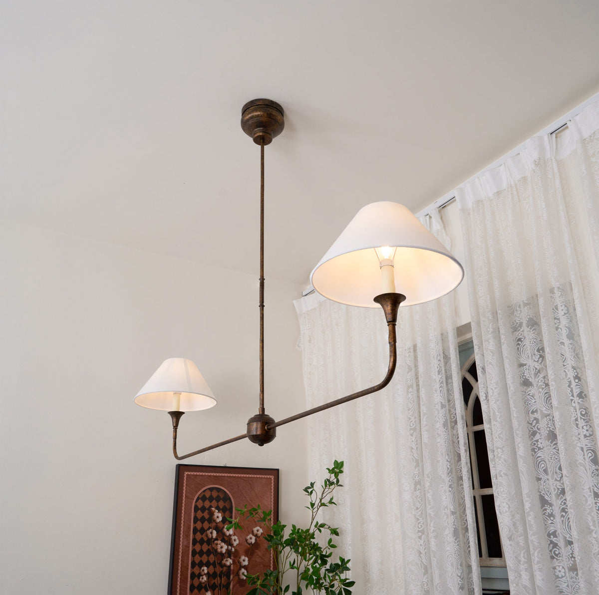Linear Chandelier with 2 Fabric Shades and Antique Brass Arm