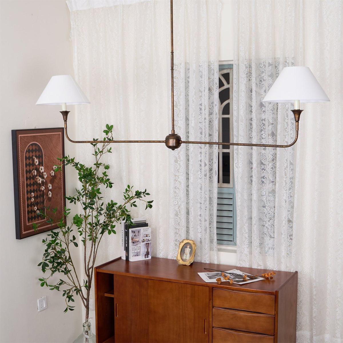 Linear Chandelier with 2 Fabric Shades and Antique Brass Arm