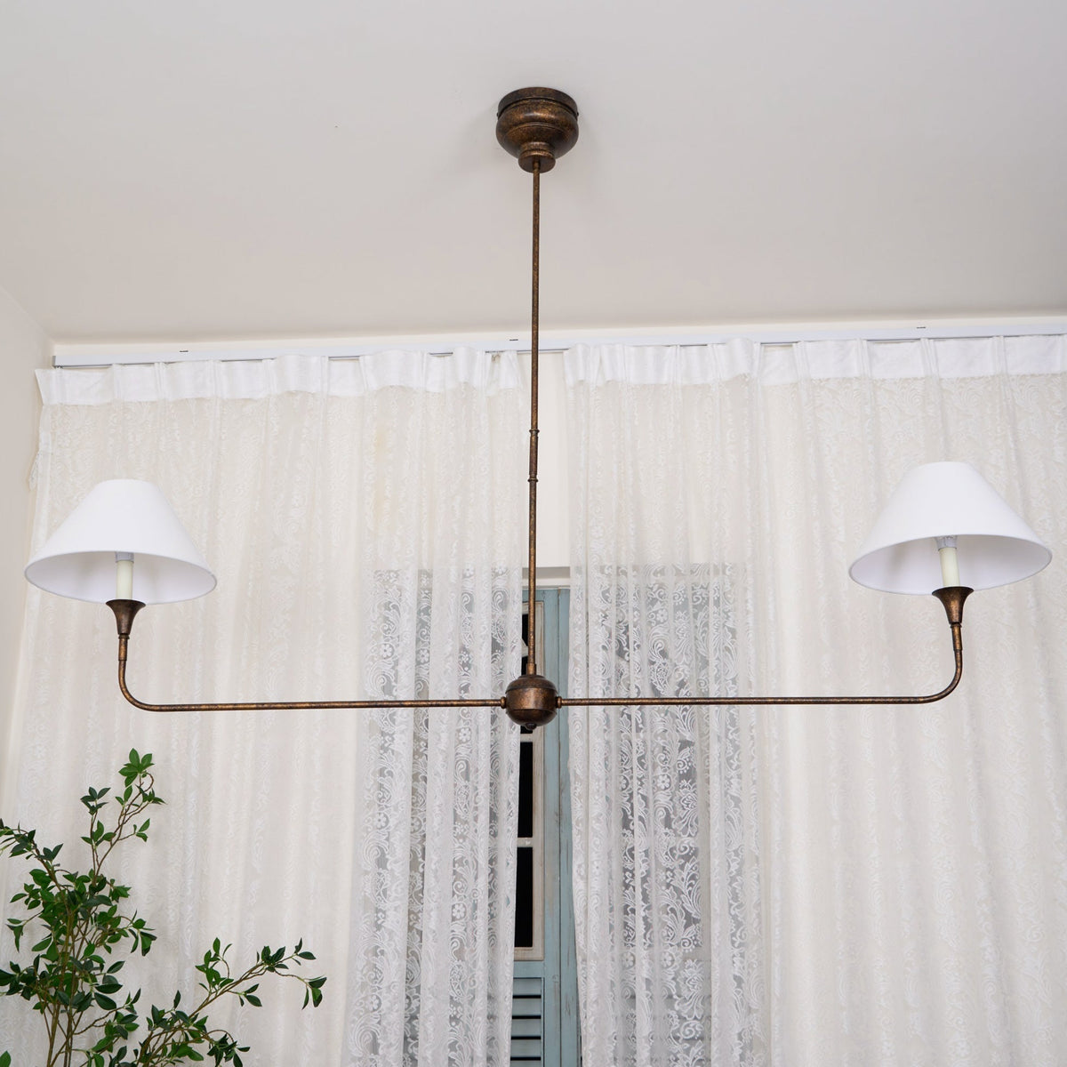 Linear Chandelier with 2 Fabric Shades and Antique Brass Arm