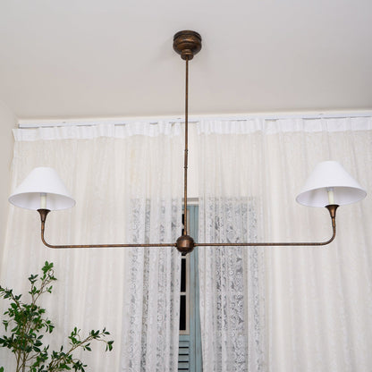 Linear Chandelier with 2 Fabric Shades and Antique Brass Arm