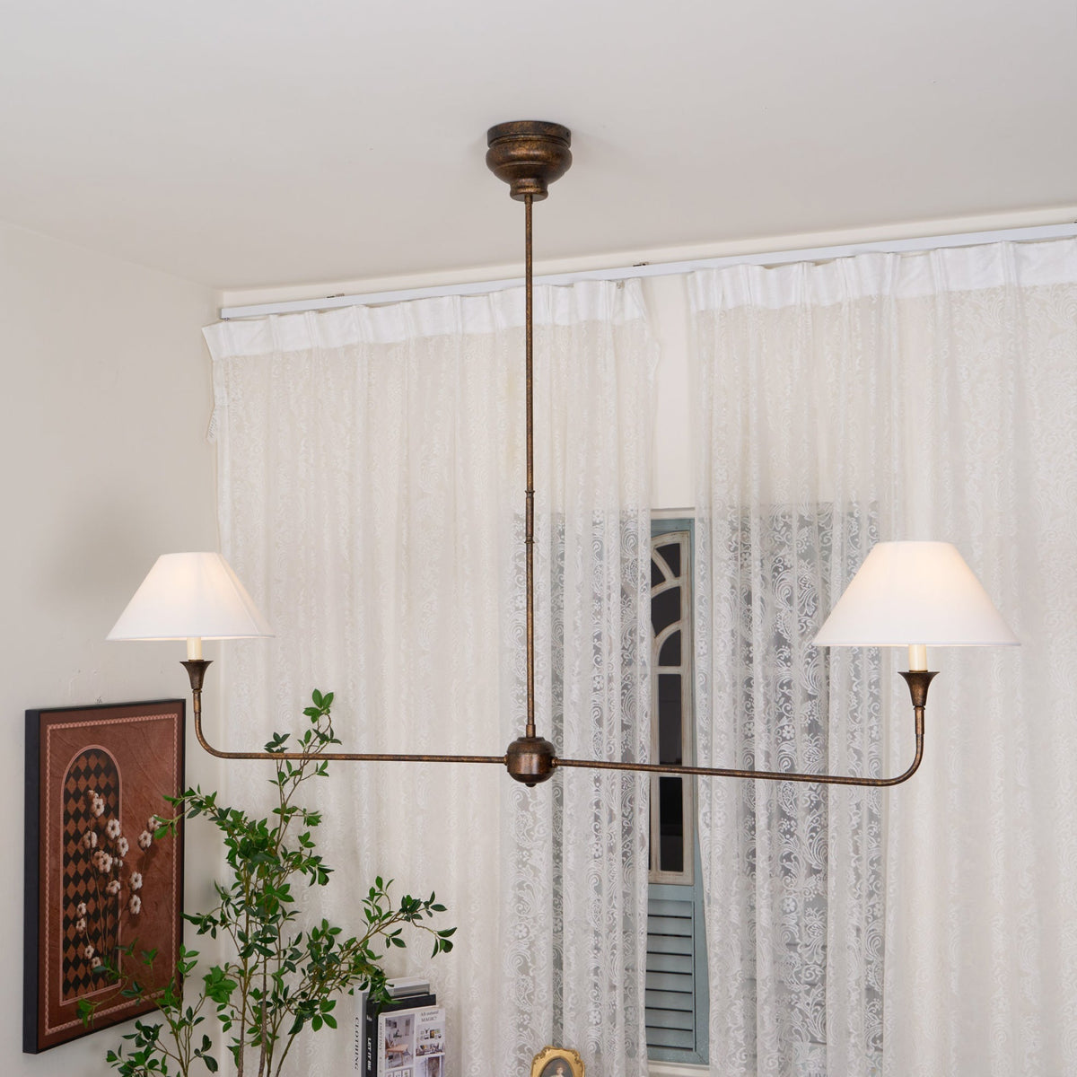 Linear Chandelier with 2 Fabric Shades and Antique Brass Arm