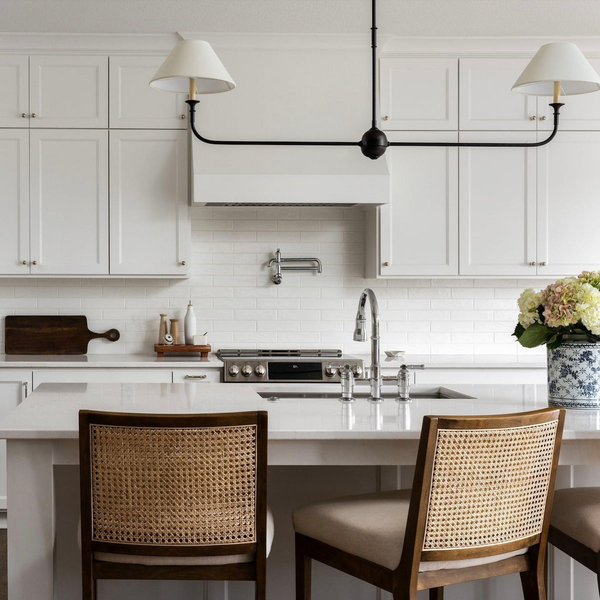 Linear Chandelier with 2 Fabric Shades and Antique Brass Arm