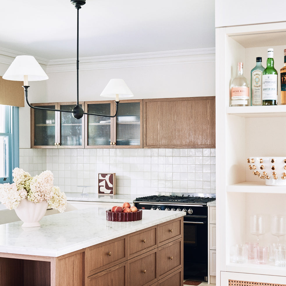 Linear Chandelier with 2 Fabric Shades and Antique Brass Arm