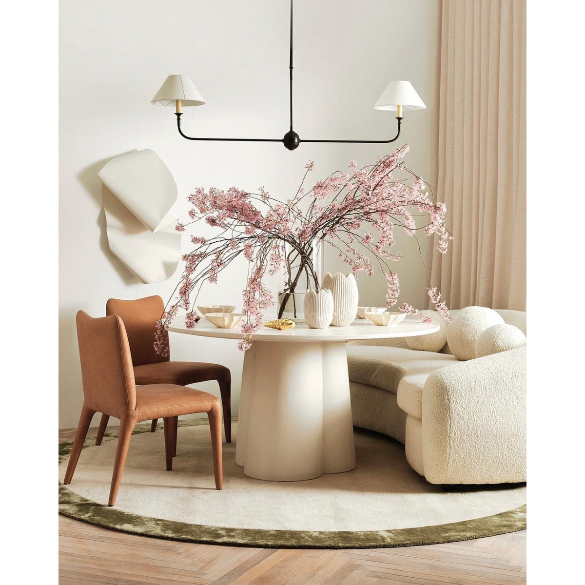 Linear Chandelier with 2 Fabric Shades and Antique Brass Arm