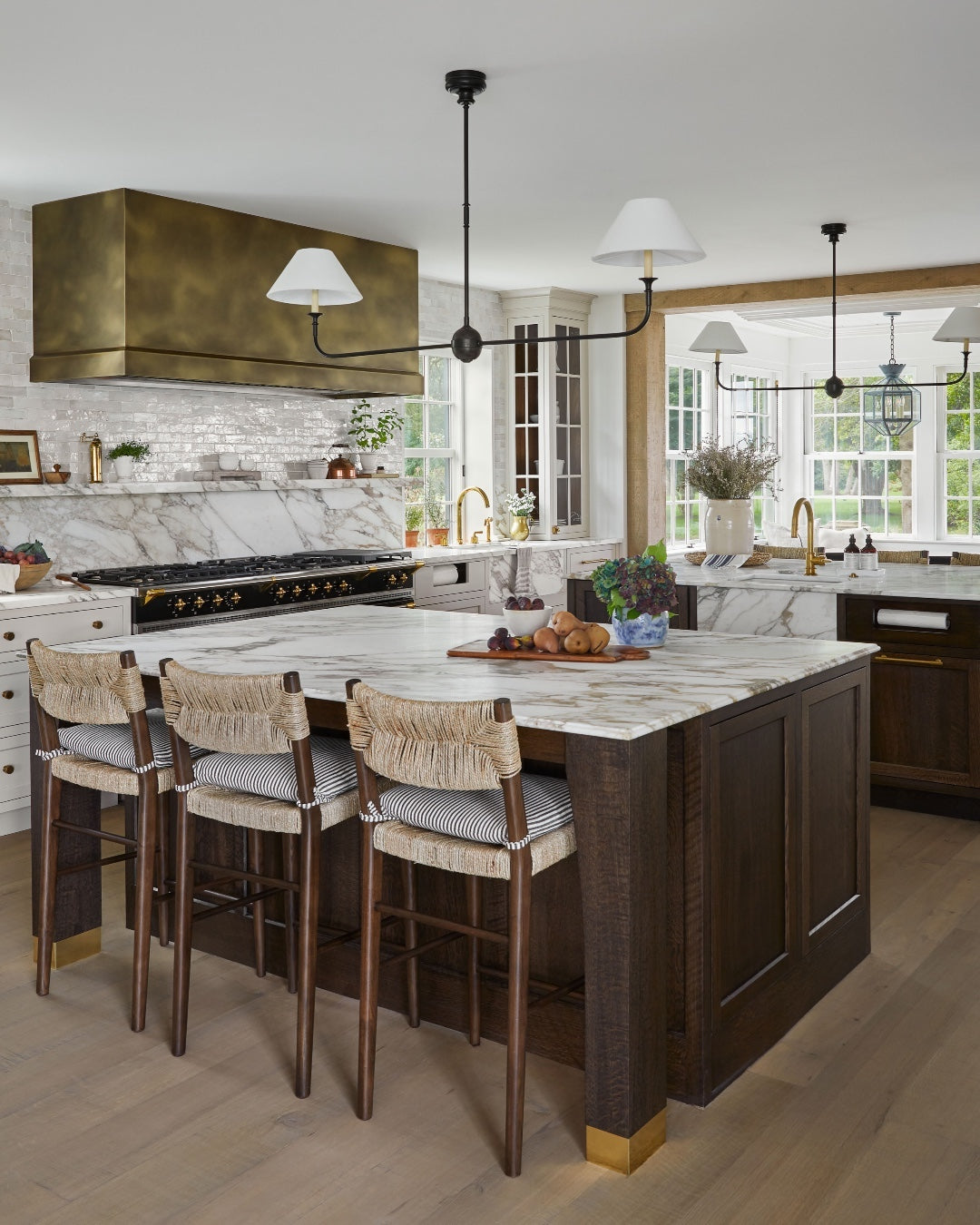 Linear Chandelier with 2 Fabric Shades and Antique Brass Arm