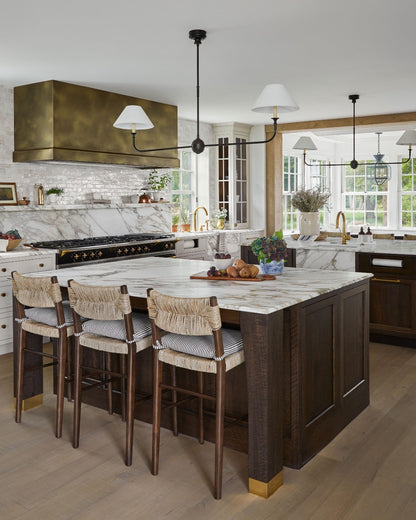 Linear Chandelier with 2 Fabric Shades and Antique Brass Arm