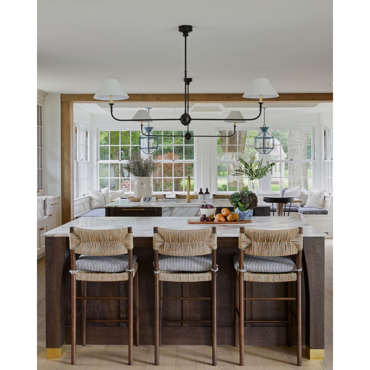 Linear Chandelier with 2 Fabric Shades and Antique Brass Arm