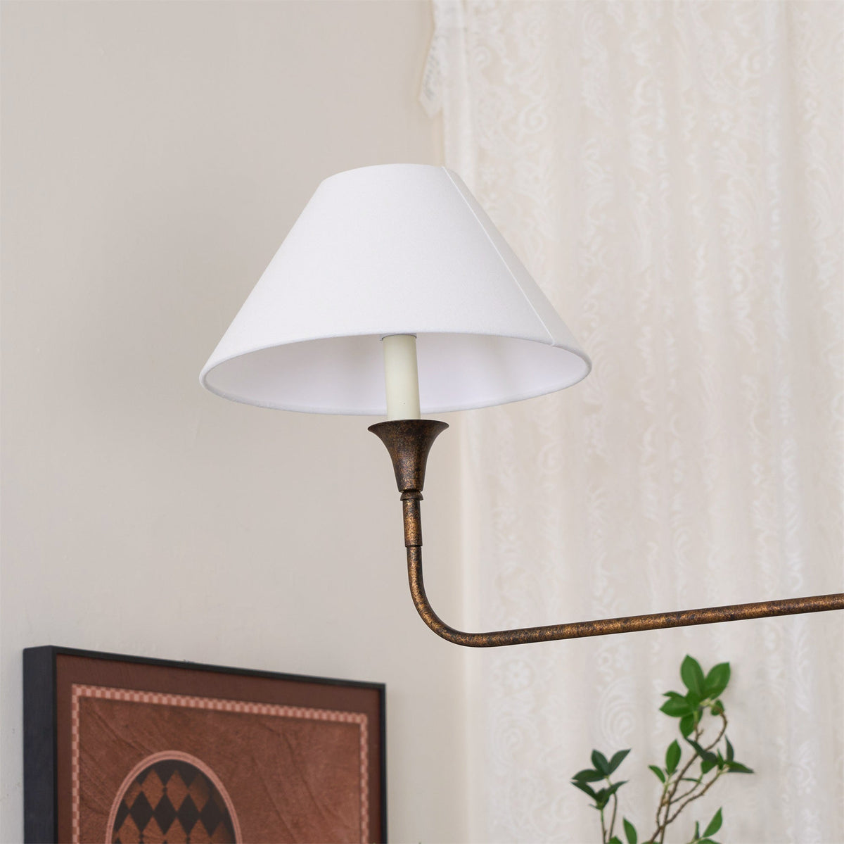 Linear Chandelier with 2 Fabric Shades and Antique Brass Arm