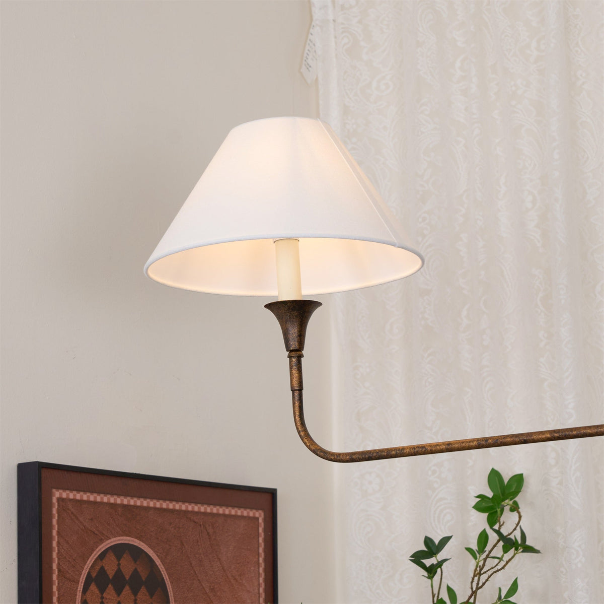 Linear Chandelier with 2 Fabric Shades and Antique Brass Arm