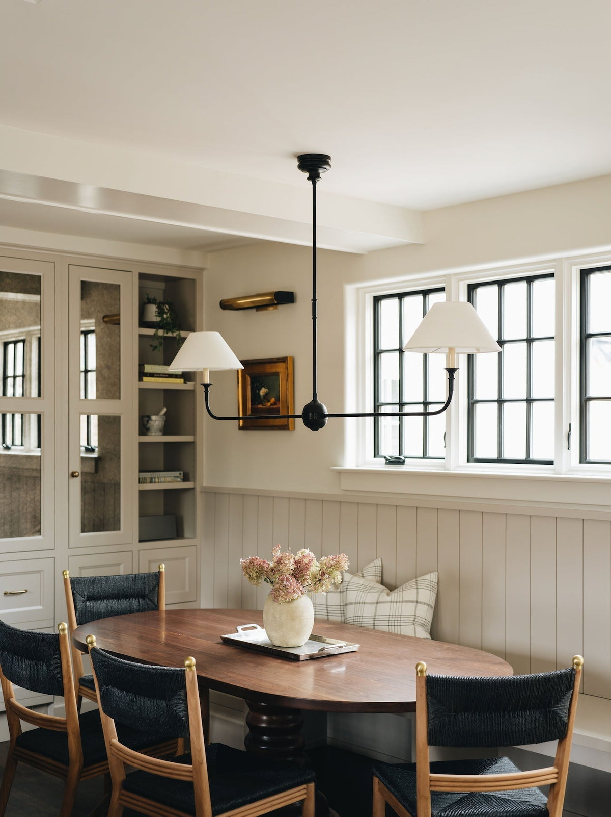 Linear Chandelier with 2 Fabric Shades and Antique Brass Arm