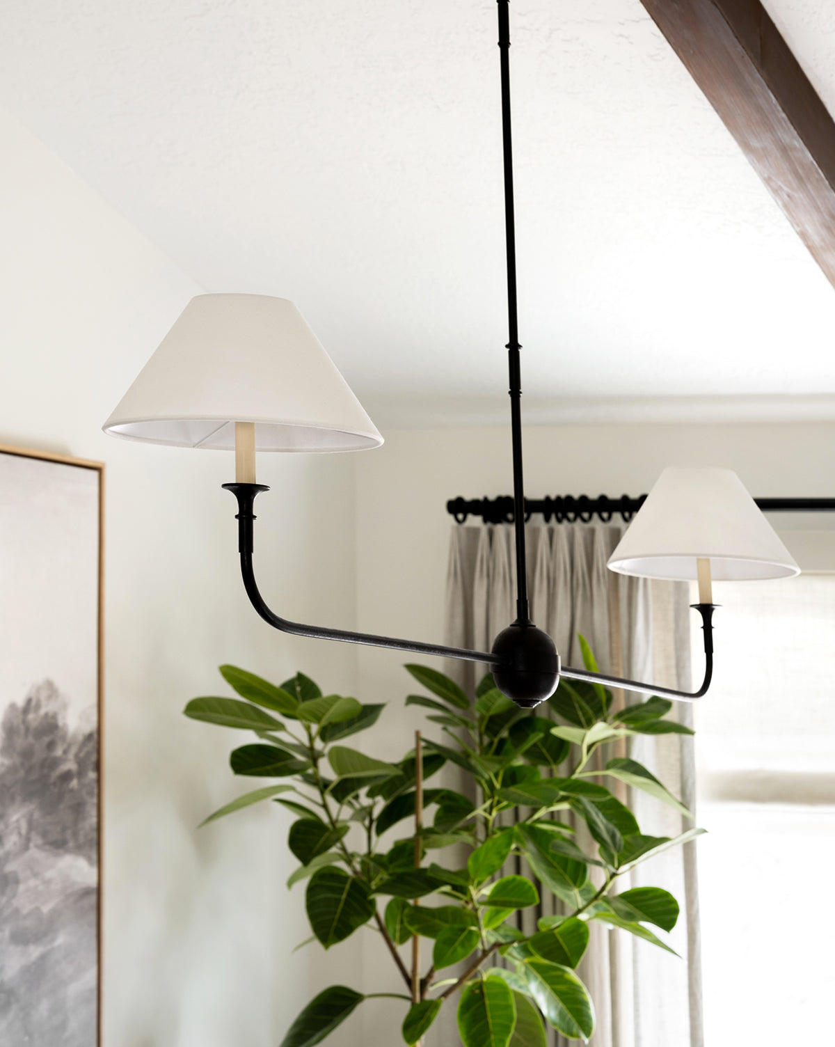 Linear Chandelier with 2 Fabric Shades and Antique Brass Arm