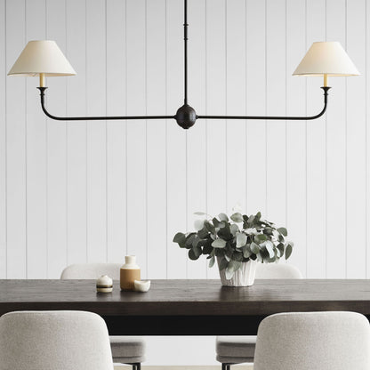Linear Chandelier with 2 Fabric Shades and Antique Brass Arm