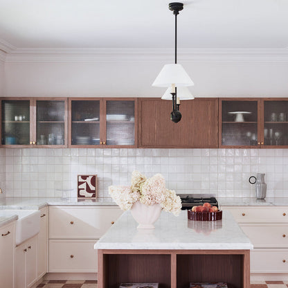 Linear Chandelier with 2 Fabric Shades and Antique Brass Arm