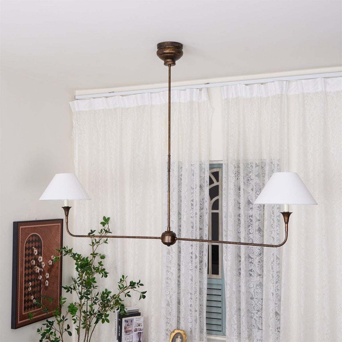 Linear Chandelier with 2 Fabric Shades and Antique Brass Arm